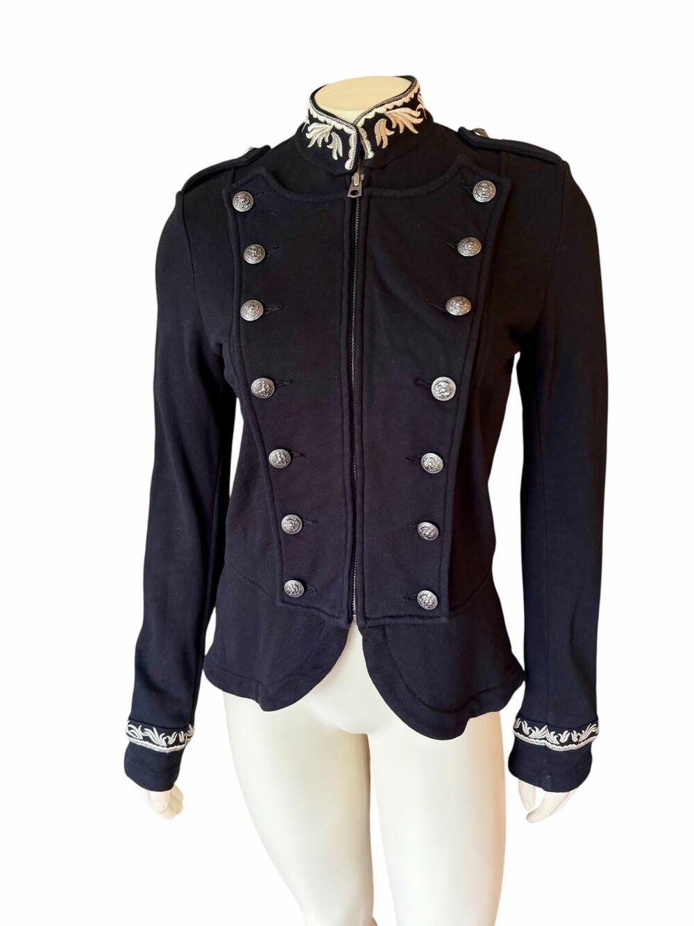 Denim & Supply Ralph Lauren Women Black Military Jacket Embroidered Silver Small